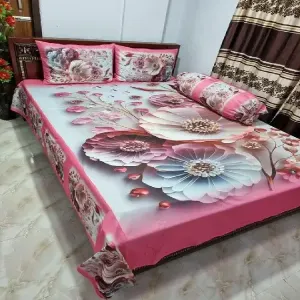 3D Lotus & Daisy Blossom Floral Print Cotton Double Bedsheet Set