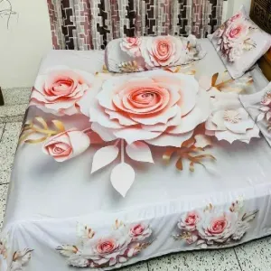 Luxury 3D Peach Rose Embossed King Size Cotton Bedsheet Set