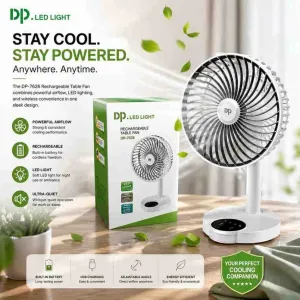 DP-7626 Rechargeable Table Fan with Soft LED Light (ডিপি-৭৬২৬ রিচার্জেবল টেবিল ফ্যান ও নাইট লাইট)